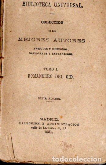 Libros antiguos: ROMANCERO DEL CID TOMO I (BIBLIOTECA UNIVERSAL, 1881) - Foto 1