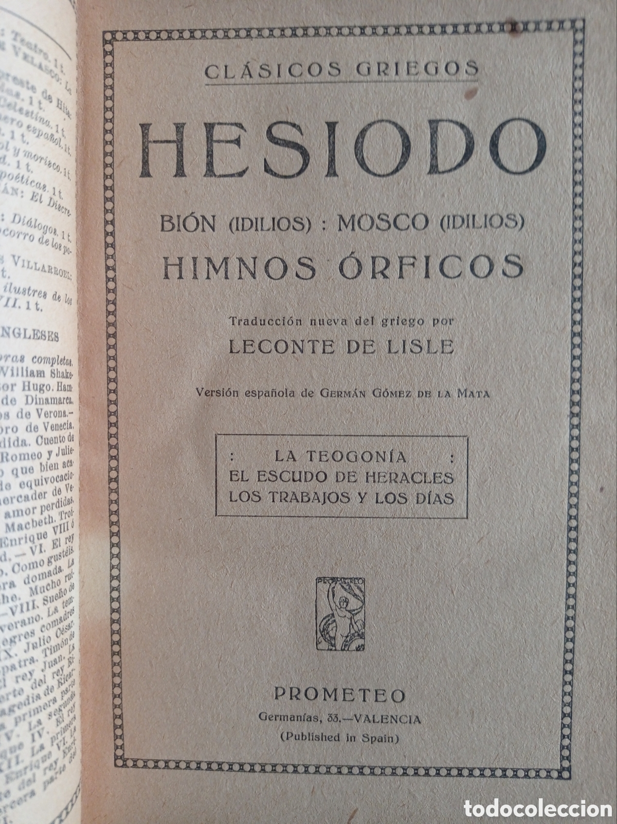 Libros antiguos: OBRAS DE HES&Iacute;ODO- HIMNOS &Oacute;RFICOS. - Foto 2