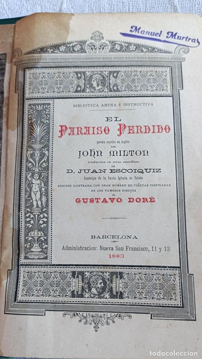Libros antiguos: John Milton. El para&iacute;so perdido 1883 - Foto 3