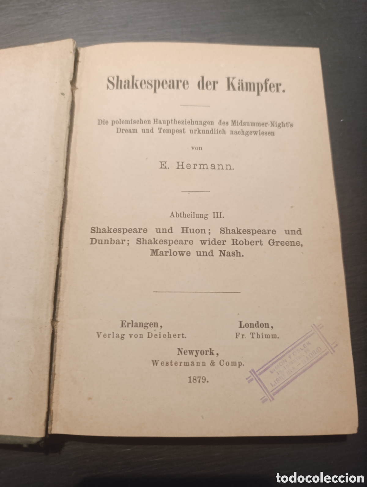 Libros antiguos: Shakespeare der K&auml;mpfer. E. Hermann. NY 1879 - Foto 1
