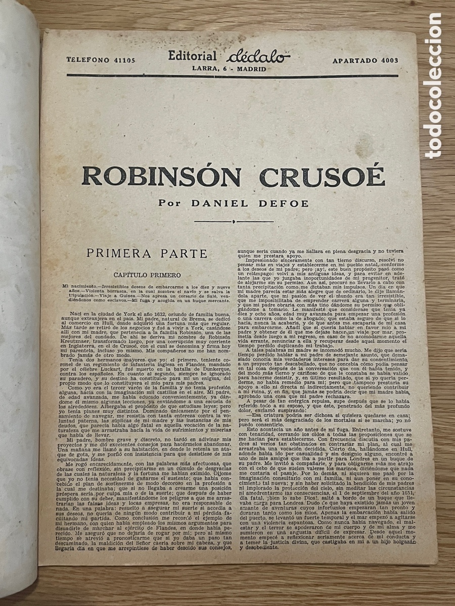 Libros antiguos: Robinson Crusoe. Daniel Dafoe. Editorial D&eacute;dalo. - Foto 2