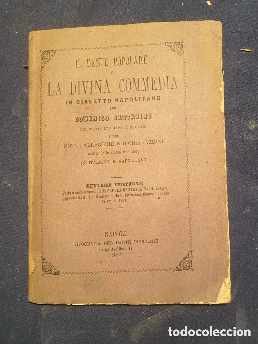 Libros antiguos: DOMENICO JACCARINO: - IL DANTE POPOLARE o la Divina Commedia in Dialetto Napolitano - (NAPOLI, 1882)