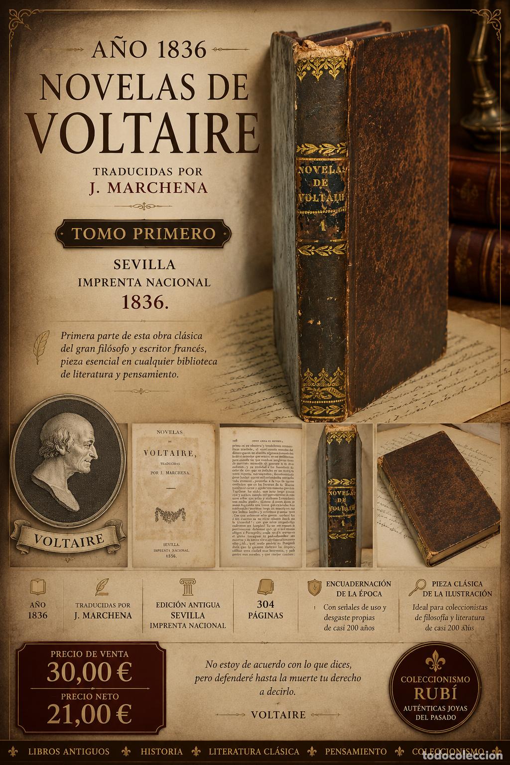 Libros antiguos: RAR&Iacute;SIMA EDICI&Oacute;N 1836 !! NOVELAS DE VOLTAIRE / TOMO I / IMPRENTA NACIONAL DE SEVILLA
