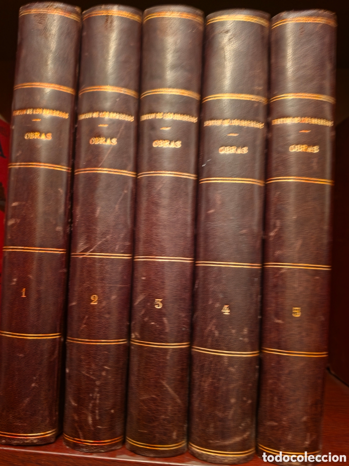Libri antichi: OBRAS COMPLETAS Bret&oacute;n de los Herreros - 5 Tomos - Madrid 1883 - Piel y Dorados