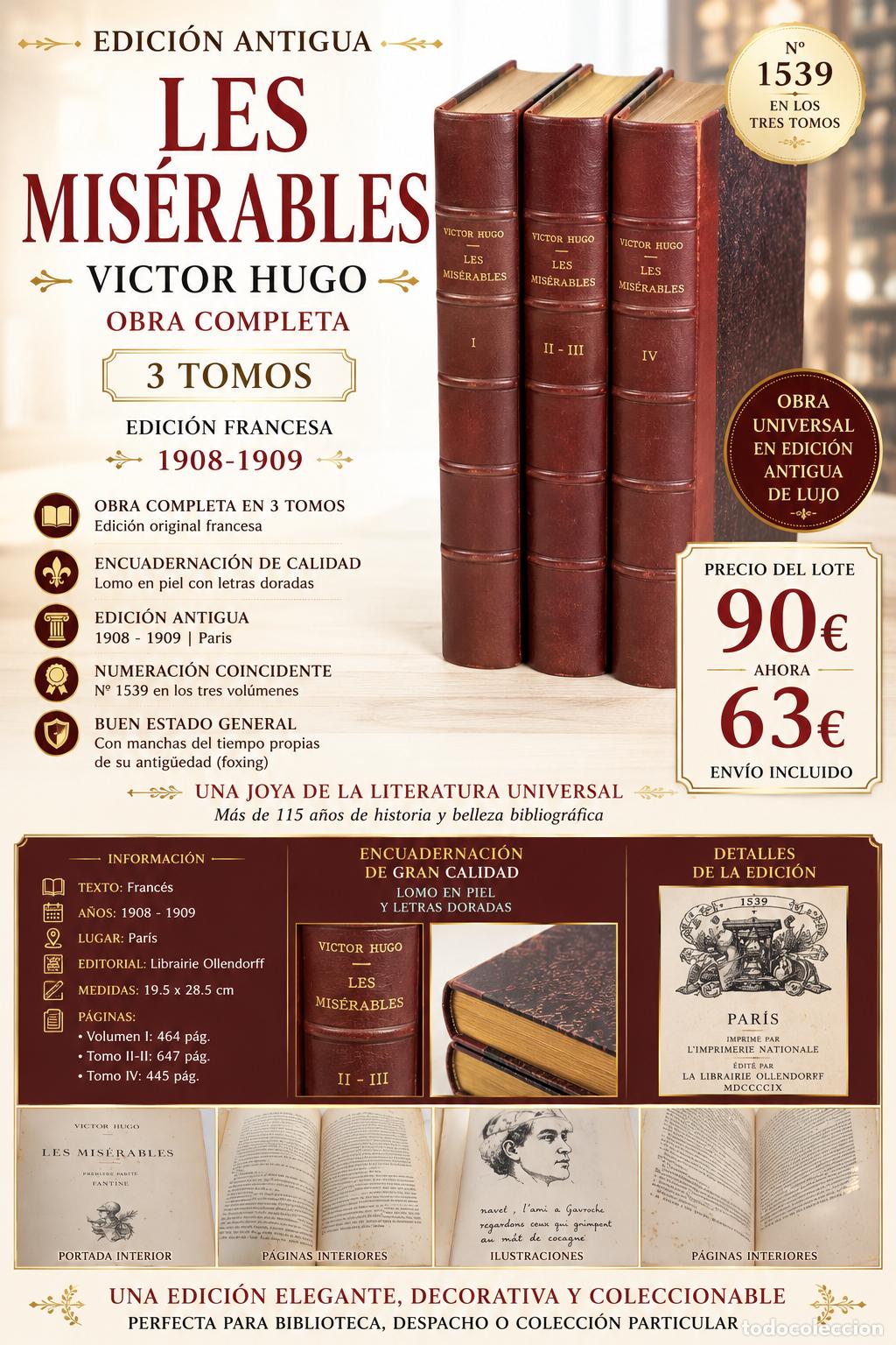 Libros antiguos: LES MIS&Eacute;RABLES | VICTOR HUGO | 1908-1909 | COMPLETA 3 TOMOS | FRANC&Eacute;S | PIEL