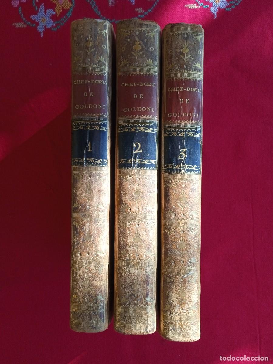 Libros antiguos: Libros antiguos Goldoni Chez-Doeu, tres tomos Las obras dram&aacute;ticas en Franc&eacute;s