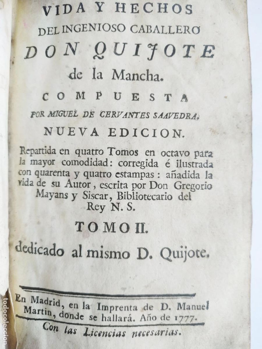 Libros antiguos: Miguel Cervantes Ingenioso caballero don Quijote de la Mancha T II Madrid 1777