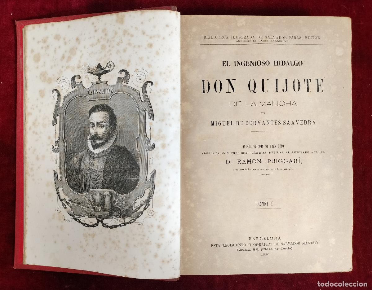 Libros antiguos: EL INGENIOSO HIDALGO DON QUIJOTE. MIGUEL DE CERVANTES. TOMOS I-II. RAM&Oacute;N PUIGGAR&Iacute;. BARCELONA, 1882.