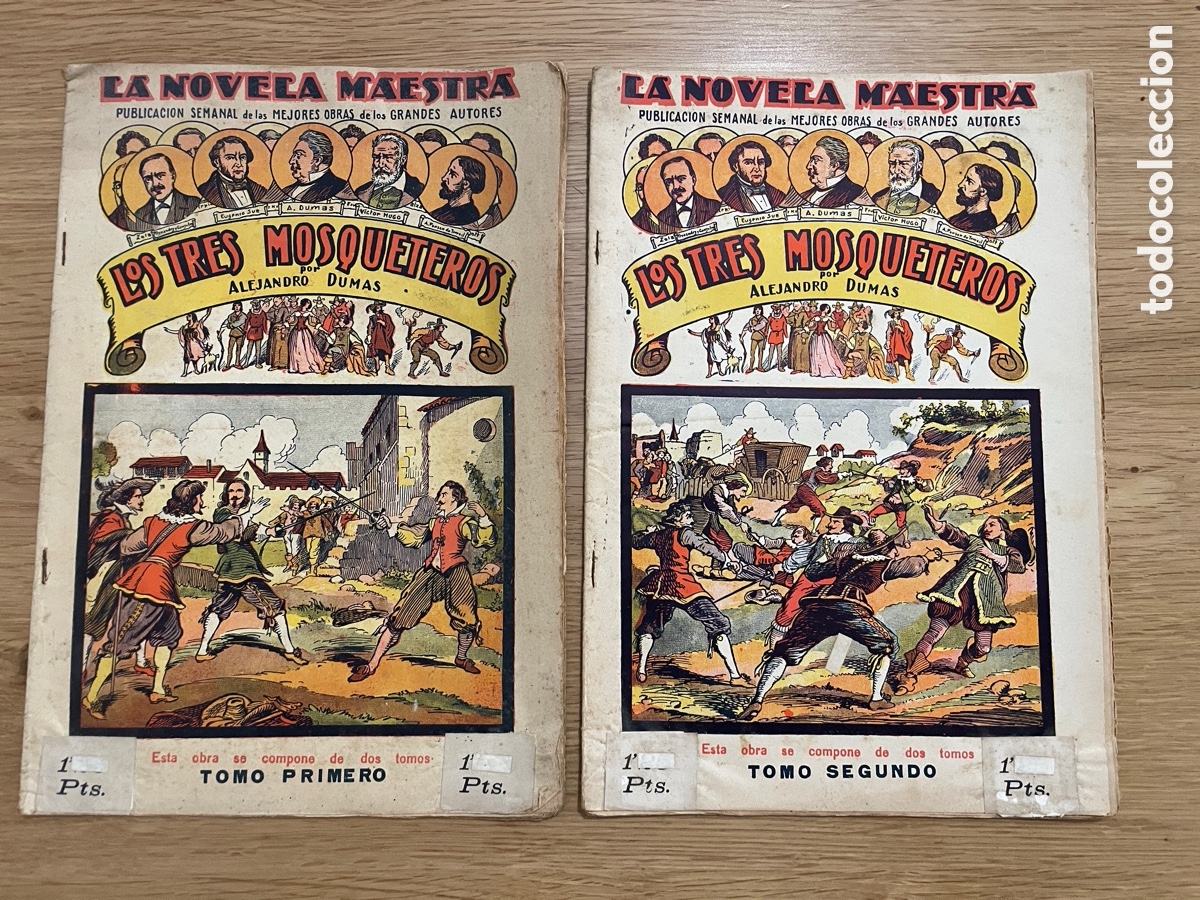 Livros antigos: Los tres mosqueteros. La novela maestra. Dos tomos. El gato negro.