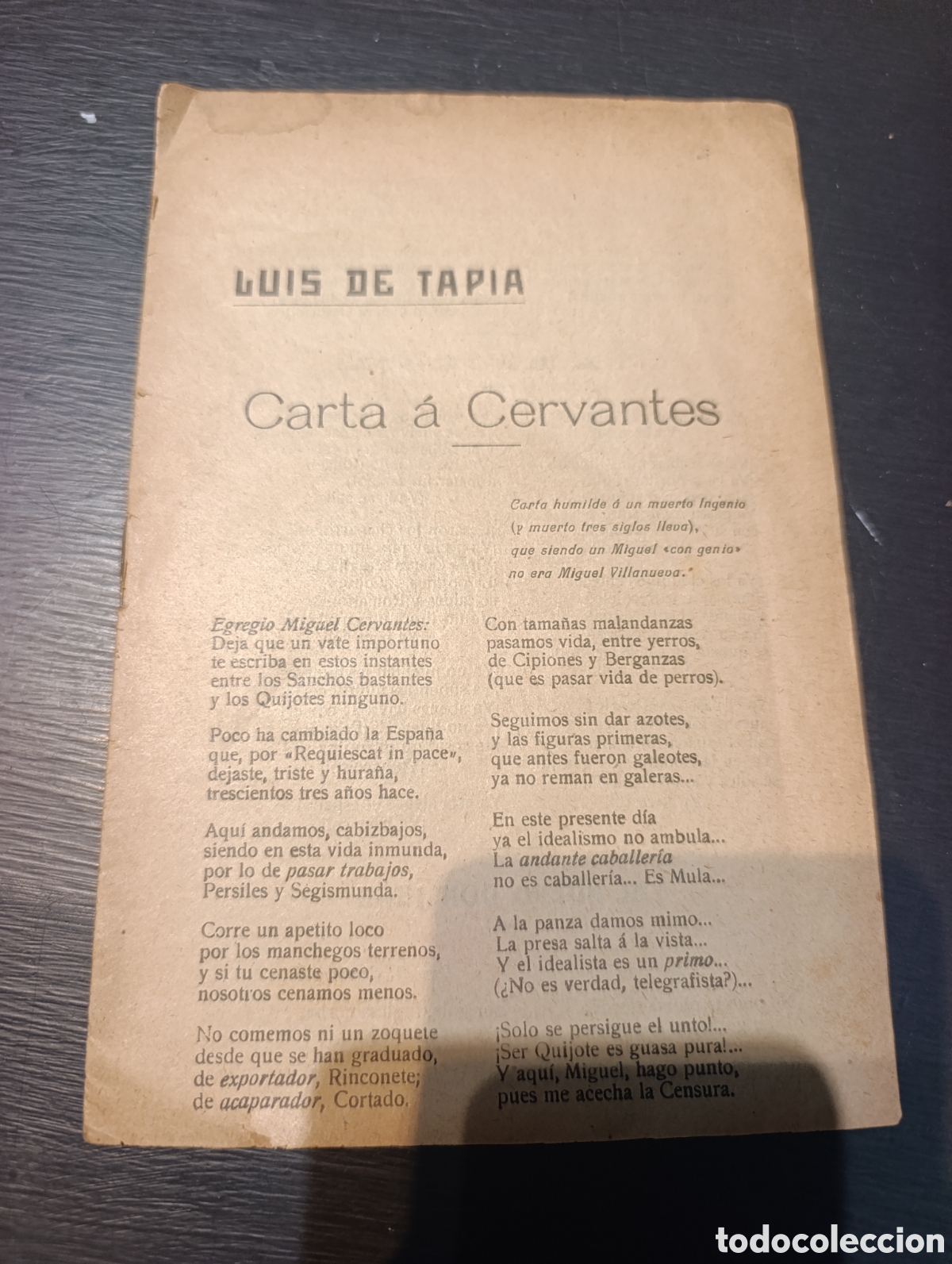 Libros antiguos: Carta &aacute; Cervantes. Luis de Tapia.