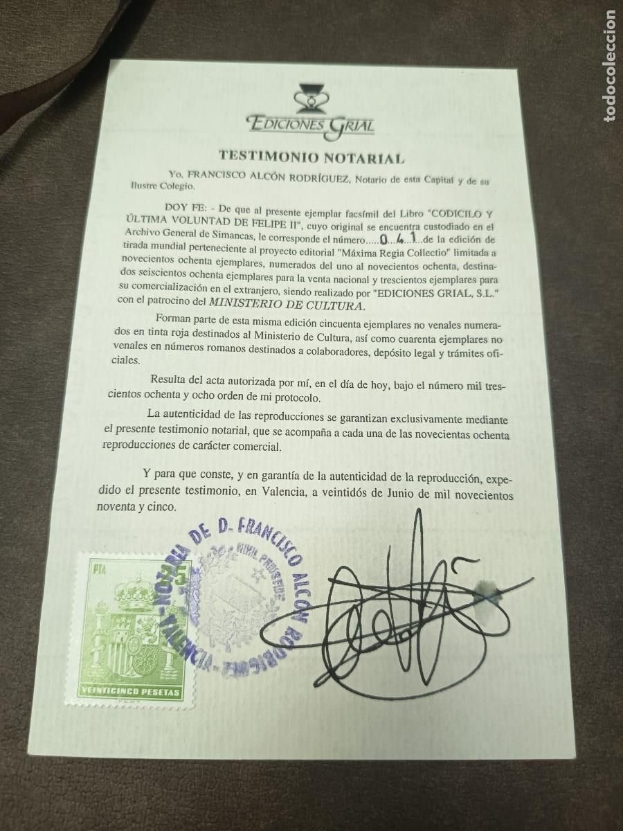 Libros antiguos: CODICILIO DE FELIPE II FACSIMIL DE EDCIONES GRIAL - Foto 3