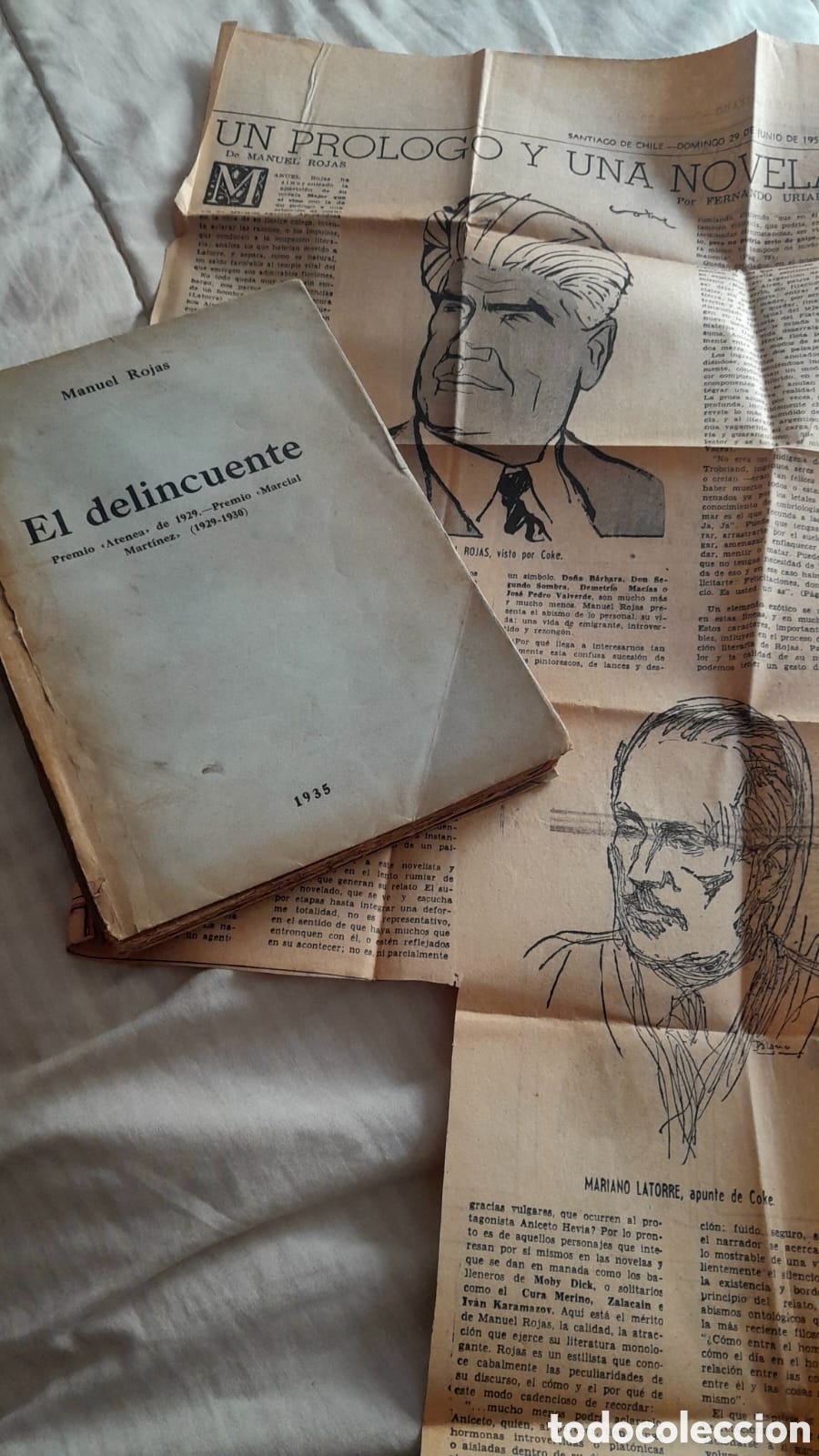 Libros antiguos: Manuel Rojas. El delincuente. 1935 Con recorte period&iacute;stico, con ex libris. Chile.