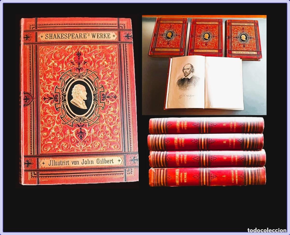 Antiquarische B&uuml;cher: Preciosa edici&oacute;n ilustrada del siglo XIX con obras de Shakespeare en 4 elegantes tomos.