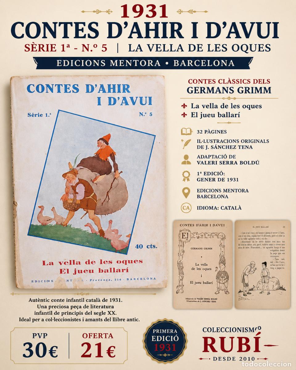 Libros antiguos: 1931 | CONTES D'AHIR I D'AVUI | S&Egrave;RIE 1.&ordf; N.&ordm; 5 | LA VELLA DE... | 1&ordf; EDICI&Oacute; | EDICIONS MENTORA