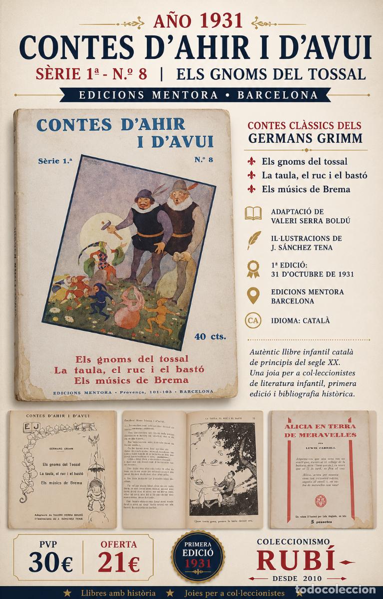 Libros antiguos: 1931 | CONTES D'AHIR I D'AVUI | S&Egrave;RIE 1&ordf; N.&ordm; 8 | ELS GNOMS DEL TOSSAL | 1&ordf; EDICI&Oacute; | EDICIONS MENTORA