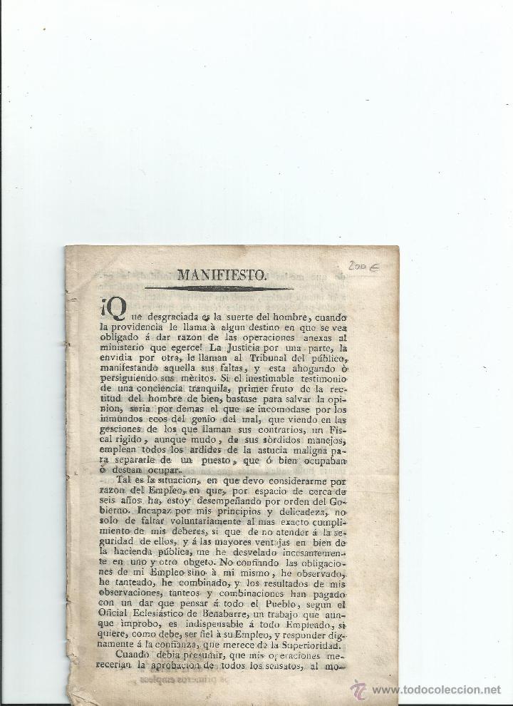 Libri antichi: BENABARRE (BARBASTRO, HUESCA). CURIOSO MANIFIESTO. 1820. DESCONOCIDO