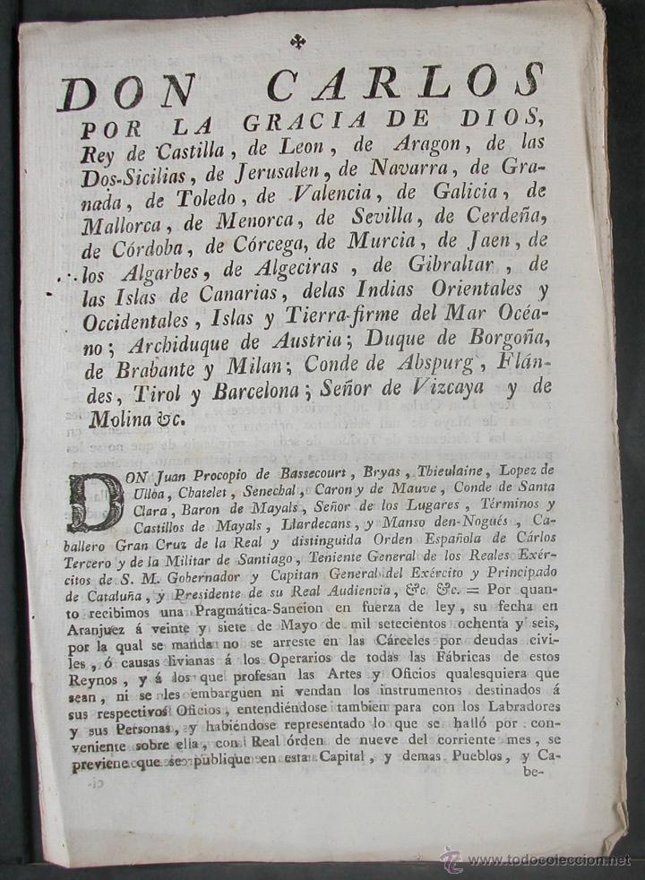Libros antiguos: Don Carlos por la gracia de Dios, Rey .... por la que se manda no se arreste en las carceles por deu