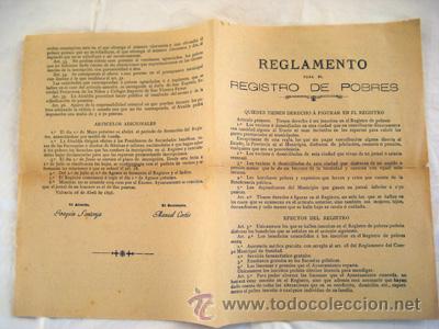 Libros antiguos: REGLAMENTO PARA EL REGISTRO DE POBRES. Valencia 1896. SANTONJA Joaqu&iacute;n (Alcalde)