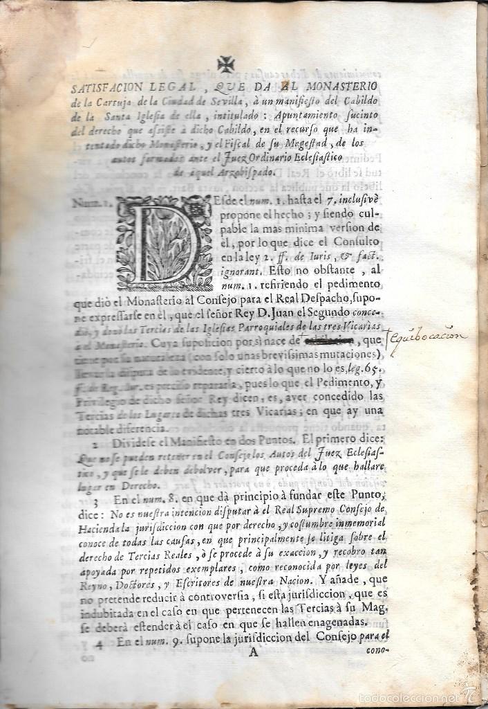 Libri antichi: SATISFACCI&Oacute;N LEGAL MONASTERIO DE LA CARTUJA DE LA CIUDAD DE SEVILLA....S XVIII