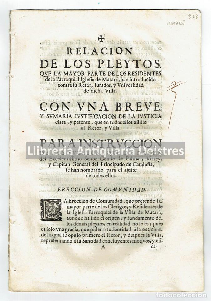 Libros antiguos: [Matar&oacute;. 1701] Bach, Francisco. Relaci&oacute;n de los Pleytos que la mayor parte de los Residentes...