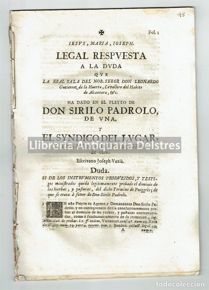 Libros antiguos: [Puiggr&ograve;s, Lleida. s.XVIII] Bruguera. Legal Respuesta a la Duda que la Real Sala...