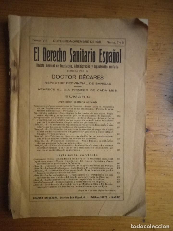 Libri antichi: EL DERECHO SANITARIO ESPA&Ntilde;OL 1931
