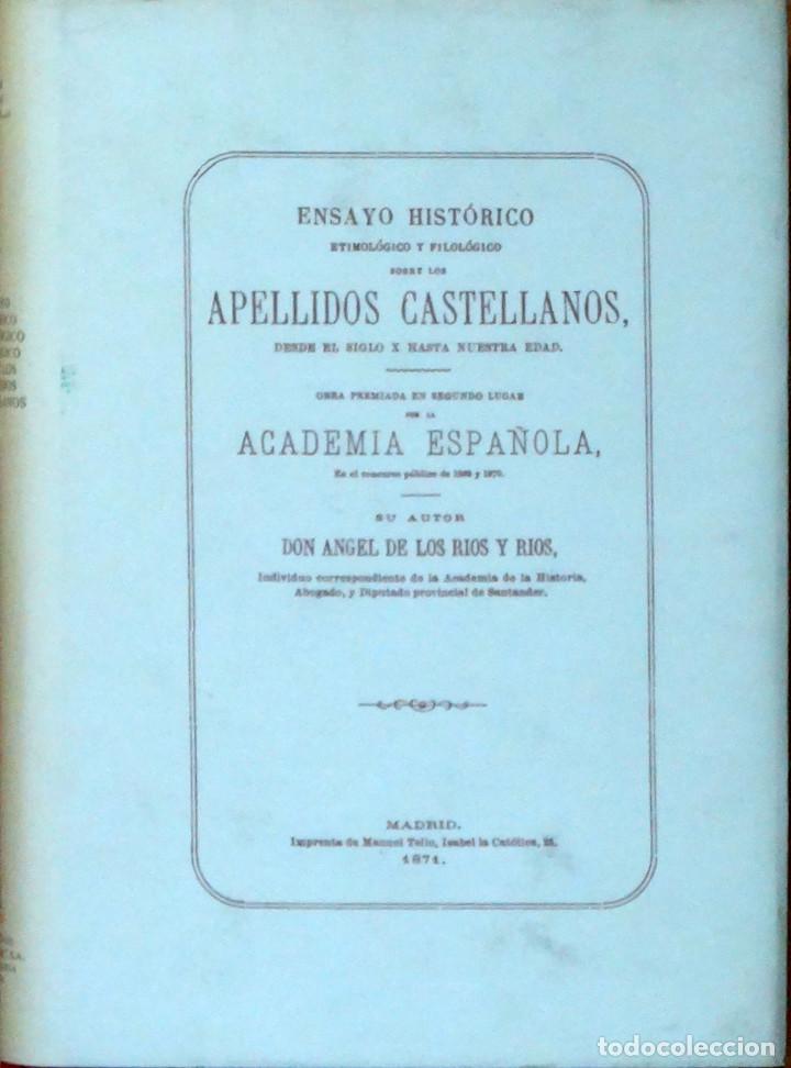 Libros antiguos: (Her&aacute;ldica)  ENSAYO HIST&Oacute;RICO ETIMOL&Oacute;GICO Y FILOL&Oacute;GICO SOBRE LOS APELLIDOS CASTELLANOS... - Don A. R