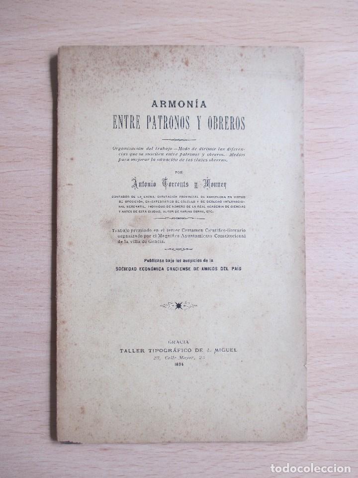 Libros antiguos: Armon&iacute;a entre patronos y obreros, de Antonio Torrents y Monner