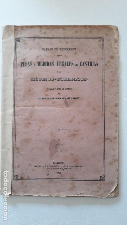 Libros antiguos: TABLAS DE REDUCCI&Oacute;N DE LAS PESAS Y MEDIDAS LEGALES DE CASTILLA A LAS M&Eacute;TRICO-DECIMALES. MADRID, 1862