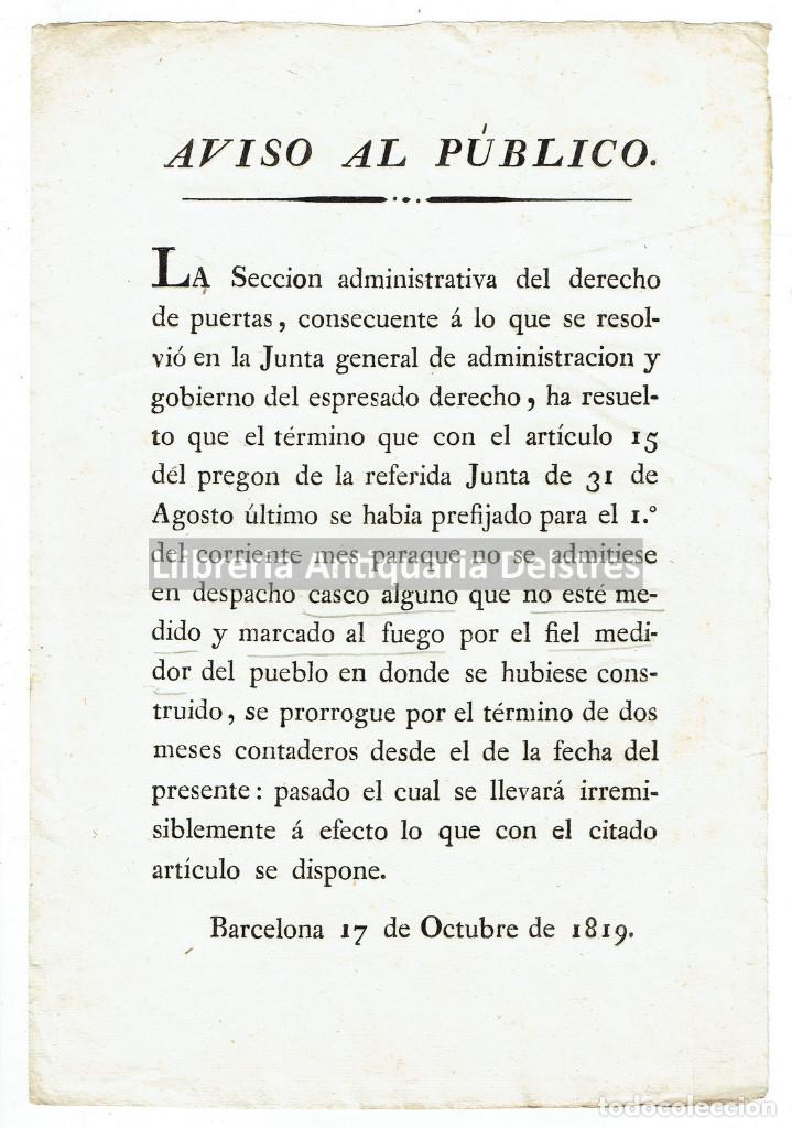 Libros antiguos: [Junta General de Administracion. Derecho de puertas. Barcelona, 1819] AVISO AL P&Uacute;BLICO.