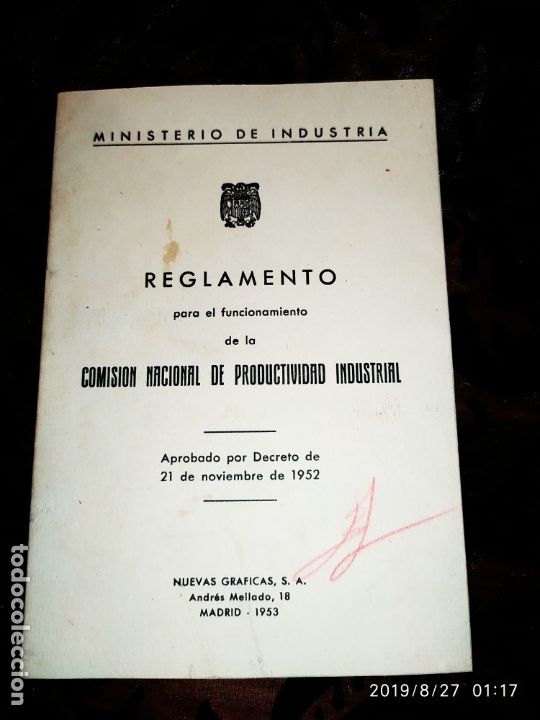 Libros antiguos: REGLAMENTO PARA EL FUNCIONAMIENTO DE LA COMISI&Oacute;N NACIONAL DE PRODUCTIVIDAD INDUSTRIAL 1952