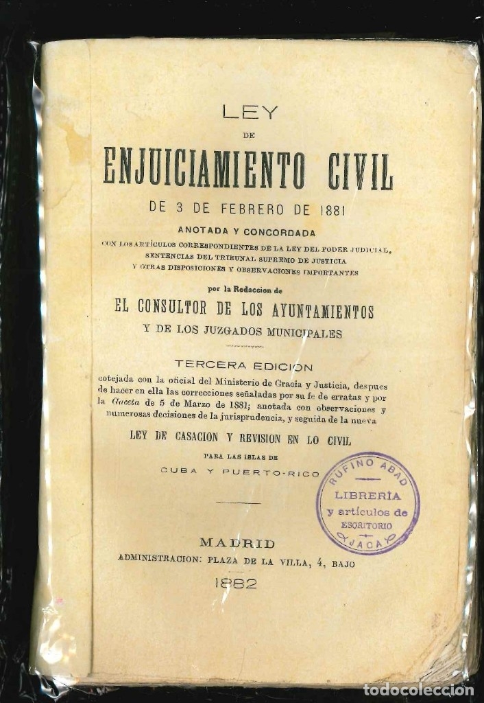 Libros antiguos: LEY DE ENJUICIAMIENTO CIVIL 3 FEBRERO 1881