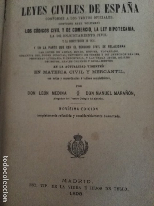Libros antiguos: Libro antiguo derecho Leyes civiles de España y codigo civil, comercio, y ley hipotecaria 1898 - Foto 4 - 179202817
