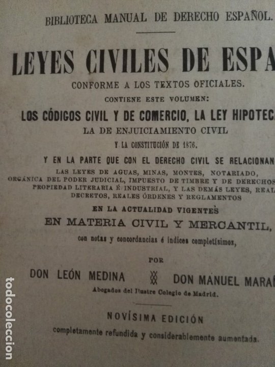 Libros antiguos: Libro antiguo derecho Leyes civiles de España y codigo civil, comercio, y ley hipotecaria 1898 - Foto 2 - 179202817