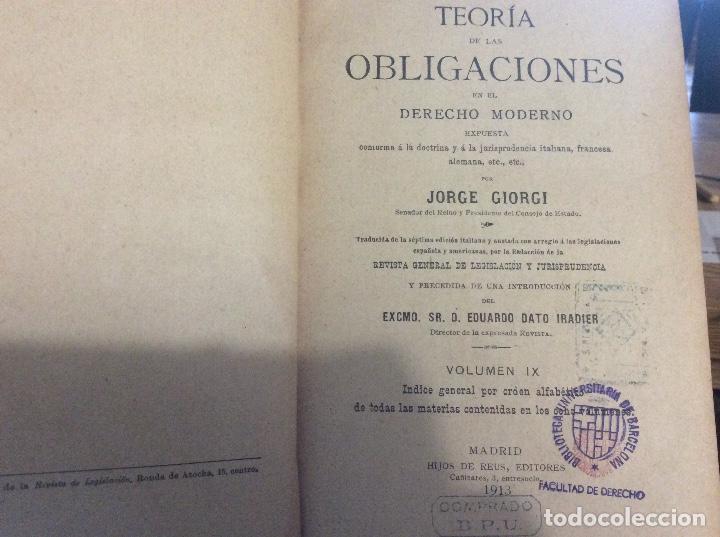 Libros antiguos: Teor&iacute;a de las obligaciones en el derecho moderno Vol. IX (&iacute;ndice alfab&eacute;tico) / Jorge Giorgi. 1913