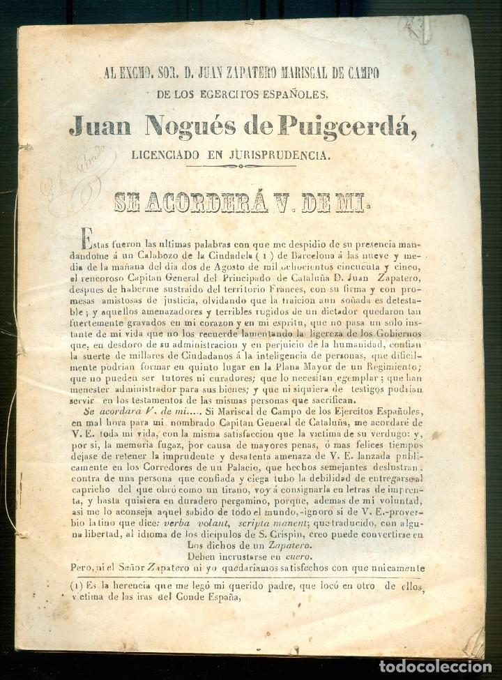 Libros antiguos: NUMULITE A30190 Juan Nogu&eacute;s de Puigcerd&aacute; al excmo. Juan Zapatero Mariscal de Campo