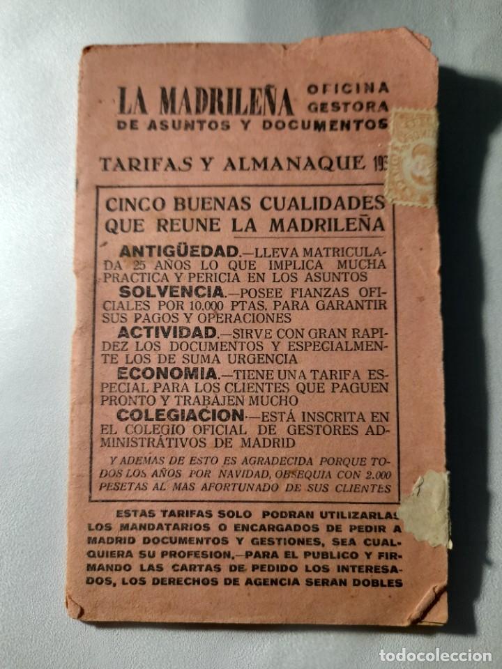 Libri antichi: Tarifas y almanaque Gestor&iacute;a La Madrile&ntilde;a a&ntilde;o 1936 c/ Juan de Dios 5 Madrid a Polop Alicante