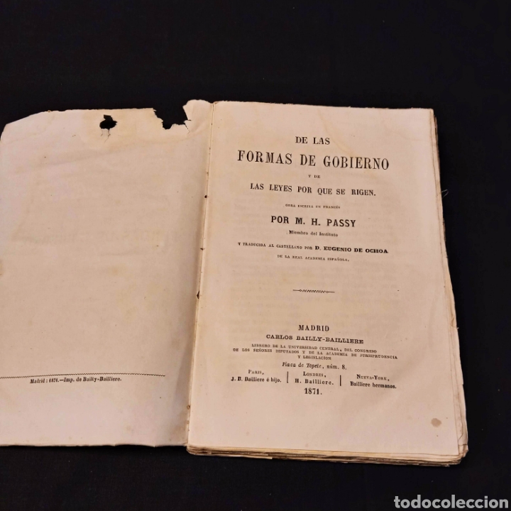 Libri antichi: DE LAS FORMAS DE GOBIERNO - M H PASSY - BAILLY-BAILLIERE 1871