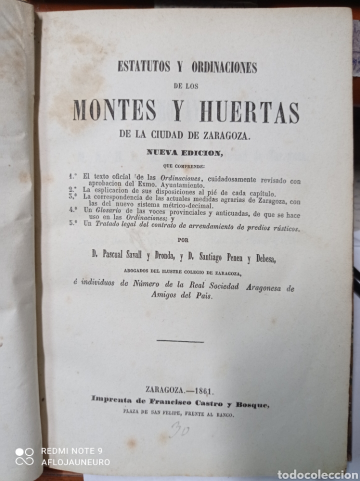 Libri antichi: Estatutos y ordenaciones de los montes y huertas de la ciudad de Zaragoza. 1861