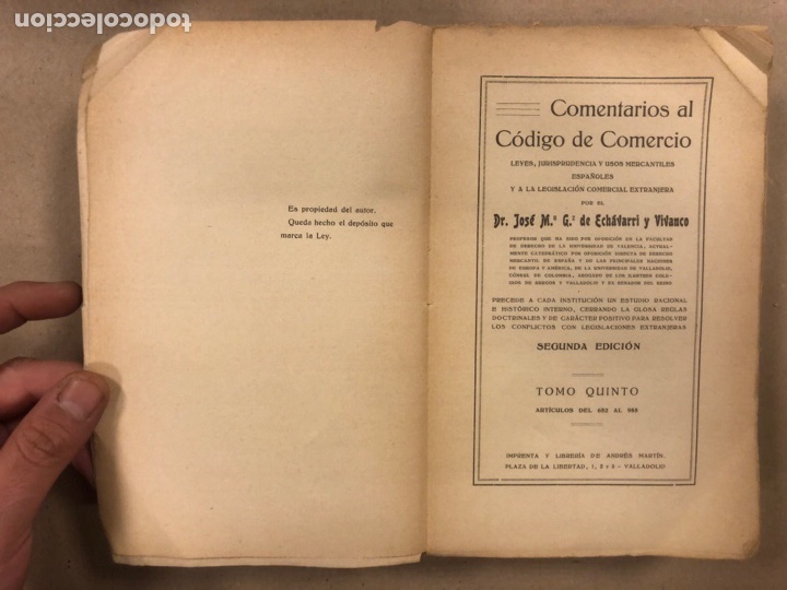 Libros antiguos: COMENTARIOS AL C&Oacute;DIGO DE COMERCIO. JOS&Eacute; M&ordf;. G. DE ECHAVARRI Y VIVANCO. 5 TOMOS. 1925 - Foto 25