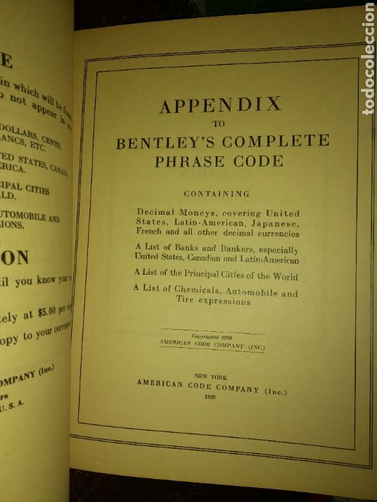 Libros antiguos: DOS LIBROS BENTLEYS COMPLETE PHRASE CODE WHITH APPENDIX 1000 MILLION COMBINATIONS UNICOS? - Foto 8