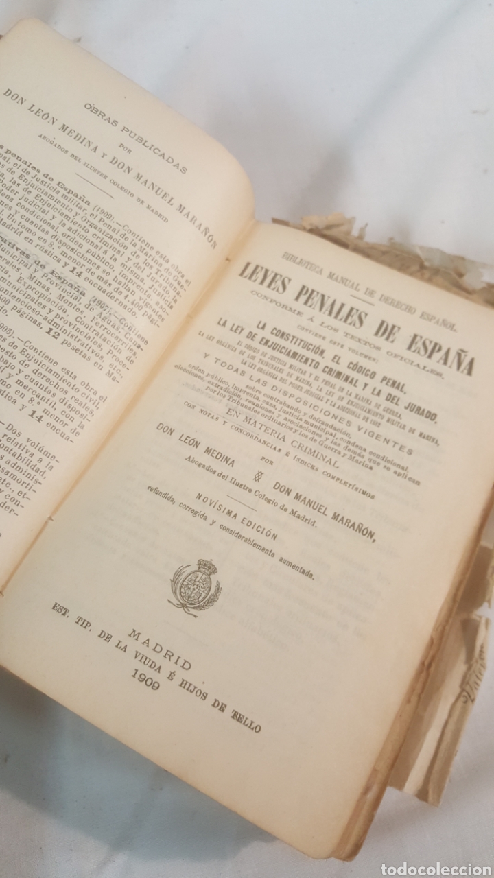 Libros antiguos: LIBRO S.XX, 1909 LEYES PENALES DE ESPA&Ntilde;A POR DON LE&Oacute;N MEDINA Y DON MANUEL MARR&Oacute;N