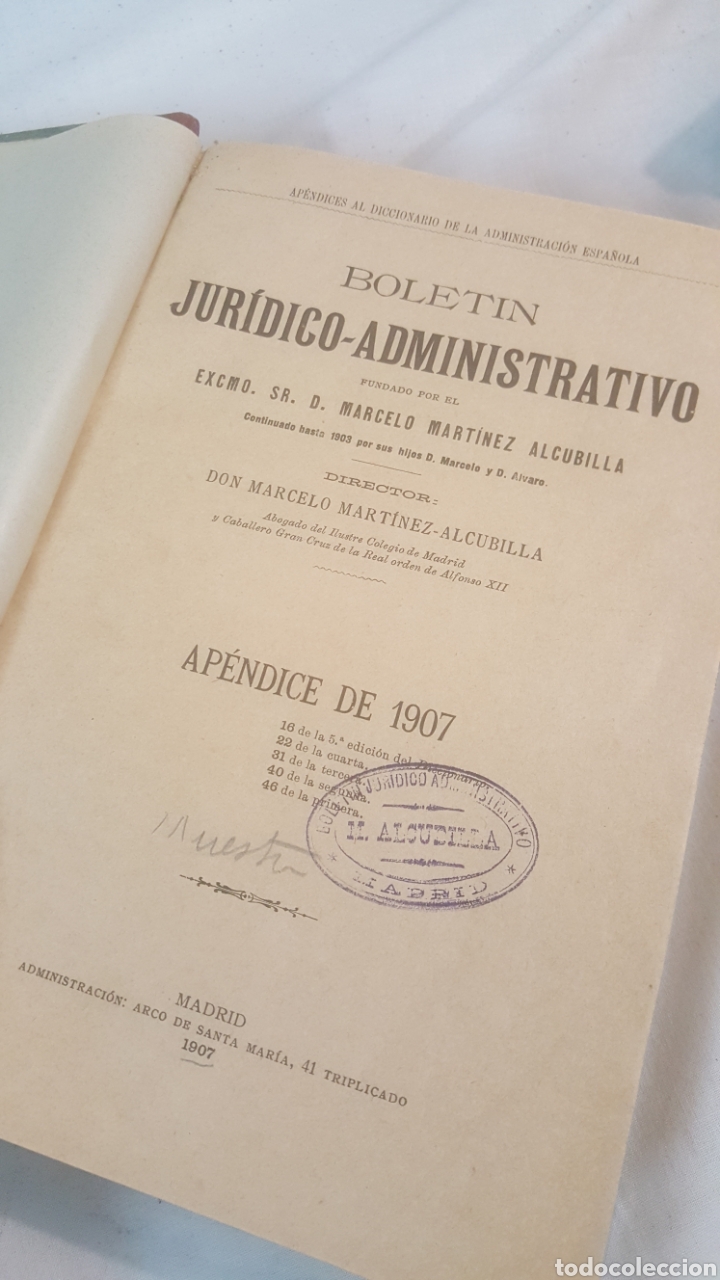 Livros antigos: LIBRO S.XX, 1907 BOLET&Iacute;N JUR&Iacute;DICO - ADMINISTRATIVO AP&Eacute;NDICE DE 1907