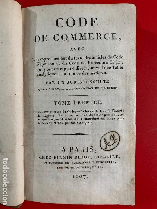 Libros antiguos: Code de Commerce: avec le rapprochement du texte des articles du Code Napole&oacute;n et du Code de Proc&eacute;du - Foto 1