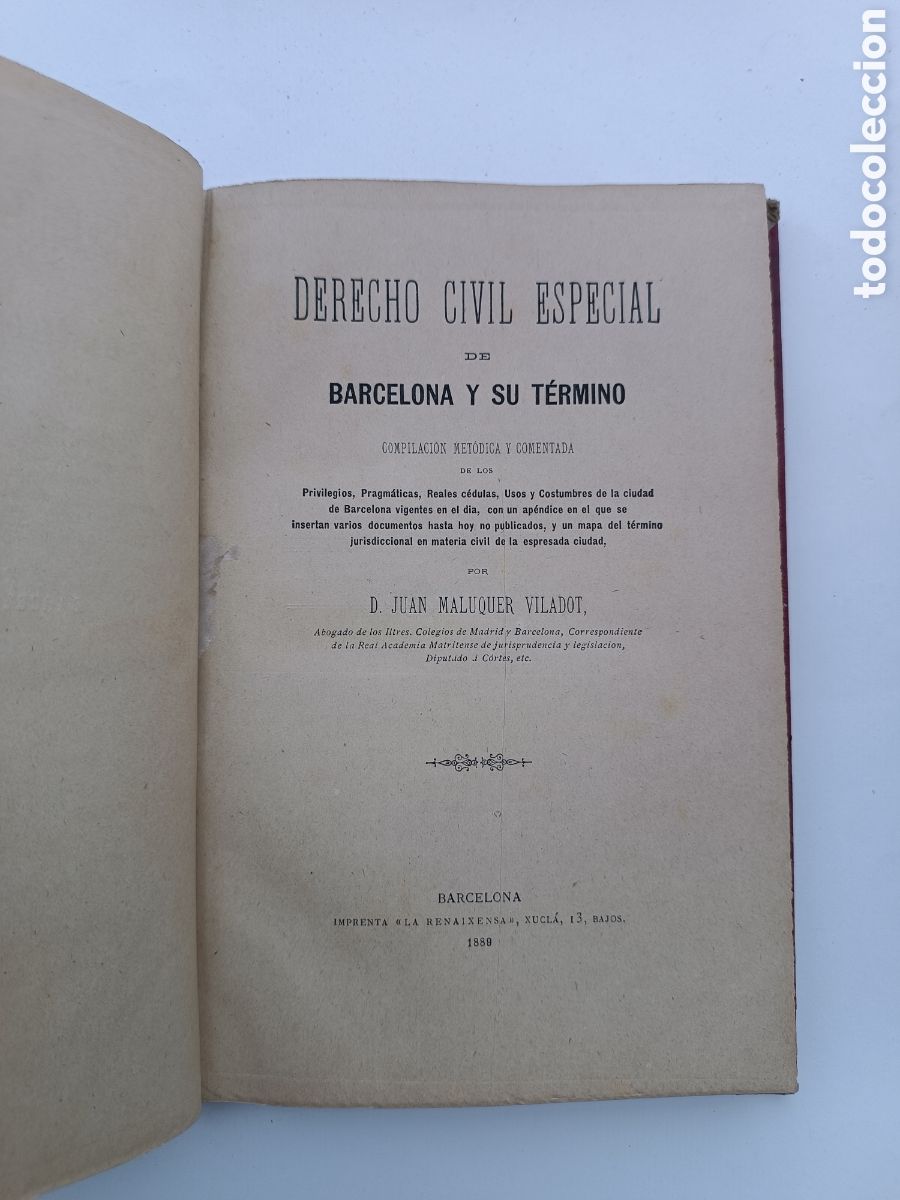 Libros antiguos: Derecho civil especial de Barcelona y su termino 1889