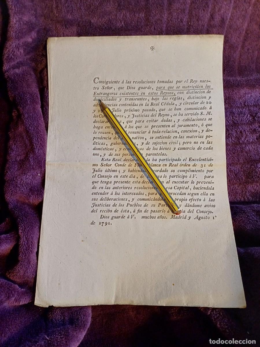 Livros antigos: CIRCULAR de 1791 ... para que se matriculen los Extrangeros existentes en estos Reynos ...