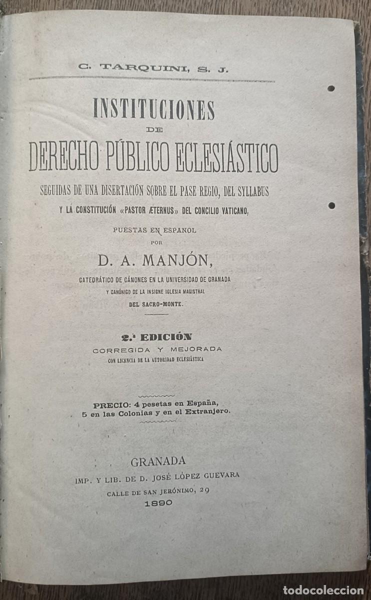 Libros antiguos: Derecho Eclesi&aacute;stico. 1890. A.Manjon - Foto 2