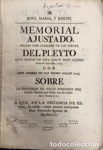 Libri antichi: Memorial Ajustado del Pleito que siguen en esta Corte Alonso Arias de Saavedra con Andr&eacute;s de San P