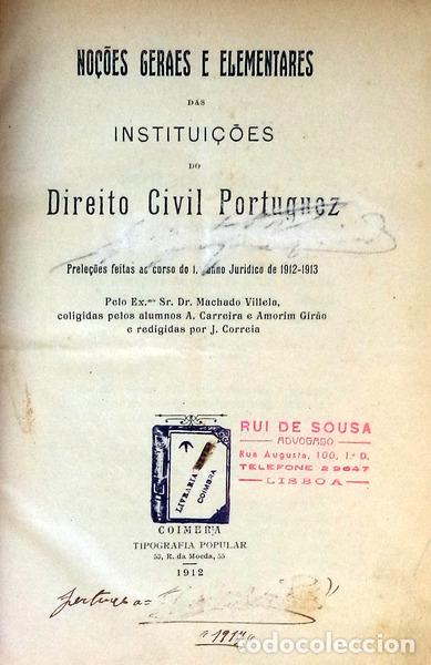 Libros antiguos: MACHADO VILLELA. - NO&Ccedil;&Otilde;ES GERAES E ELEMENTARES DAS INSTITUI&Ccedil;&Otilde;ES DO DIREITO CIVIL PORTUGUEZ.
