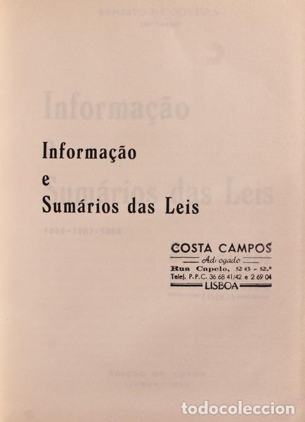 Libros antiguos: OLIVEIRA. (Ernesto de) - INFORMA&Ccedil;&Atilde;O E SUM&Aacute;RIOS DAS LEIS.